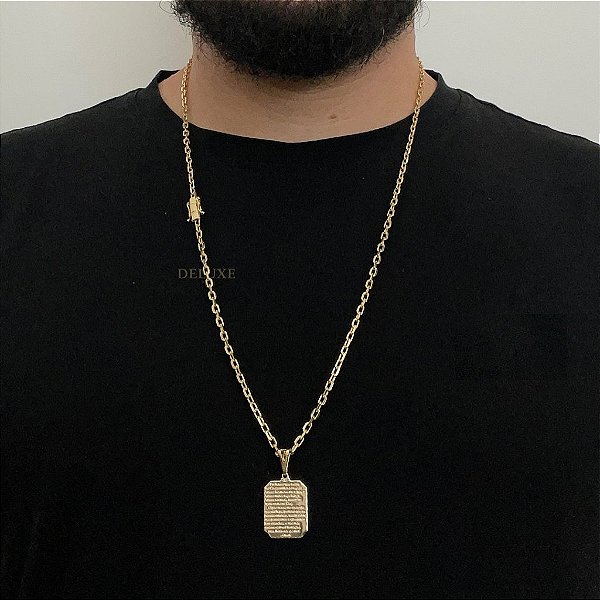 CORRENTE CADEADO( 3mm- 70Cm) + PINGENTE PLACA COM PAI NOSSO - BANHADO A OURO 18k