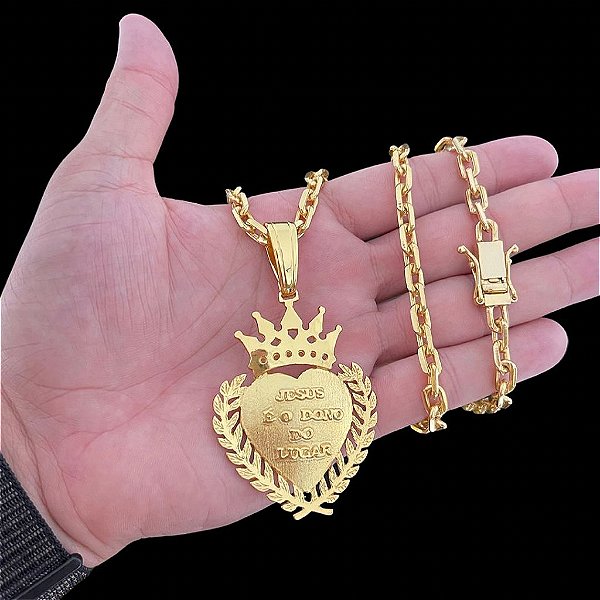 CORRENTE CADEADO ( 7mm -70Cm) + PINGENTE JESUS É O DONO DO LUGAR -  FECHO COM MARCAÇÃO 750 - BANHADO A OURO 18k