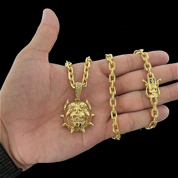 CORRENTE CADEADO ( 7mm -70Cm) + PINGENTE PITBULL 5D - FECHO COM MARCAÇÃO 750 -BANHADO A OURO 18K