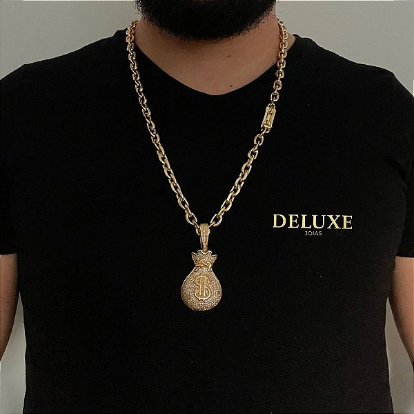 CORRENTE CADEADO( 8mm- 70cm) + PINGENTE MALOTE DE DINHEIRO CRAVEJADO EM ZIRCONIA  - FECHO COM MARCAÇÃO 750 - BANHADO A OURO 18k