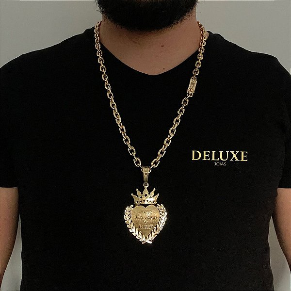CORRENTE CADEADO( 8mm- 70cm) + PINGENTE MC POZE JESUS É O DONO DO LUGAR - BANHADO A OURO 18k