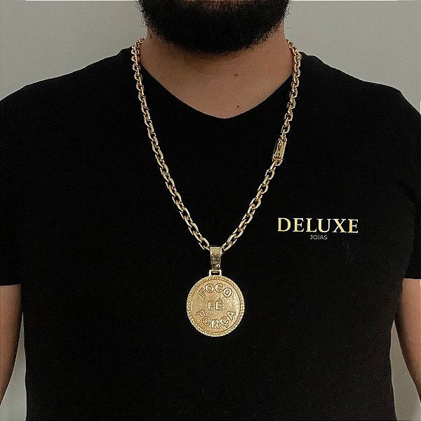CORRENTE CADEADO( 8mm- 70cm) + PINGENTE MEDALHA FOCO FORÇA E FÉ - BANHADO A OURO 18k