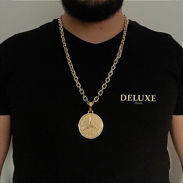 CORRENTE CADEADO( 8mm- 70cm) + PINGENTE MEDALHA MERCEDES - BANHADO A OURO 18k