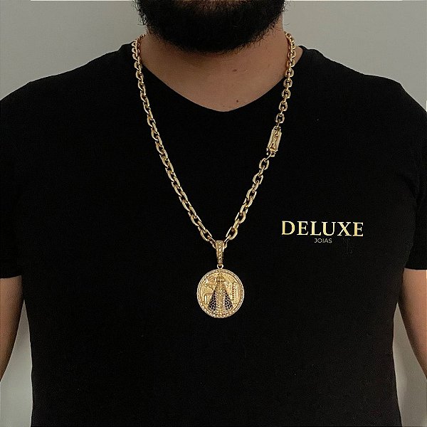 CORRENTE CADEADO( 8mm- 70cm) + PINGENTE MEDALHA NOSSA SENHORA CRAVEJADO EM ZIRCONIA  - BANHADO A OURO 18k