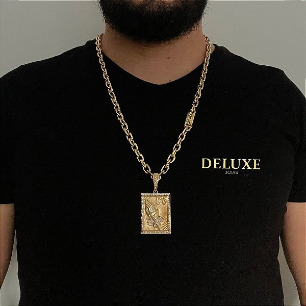 CORRENTE CADEADO( 8mm- 70cm) + PINGENTE PLACA FÉ CRAVEJADA EM ZIRCONIA - FECHO COM MARCAÇÃO 750 - BANHADO A OURO 18k