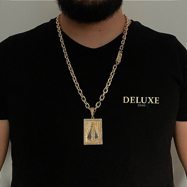 CORRENTE CADEADO( 8mm -70cm) + PINGENTE PLACA NOSSA SENHORA CRAVEJADA EM ZIRCONIA -  FECHO COM MARCAÇÃO 750 -BANHADO A OURO 18k