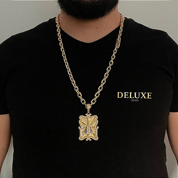 CORRENTE CADEADO( 8mm- 70cm) + PINGENTE PLACA NOSSA SENHORA CRAVEJADA EM ZIRCONIA  - FECHO COM MARCAÇÃO 750 - BANHADO A OURO 18k