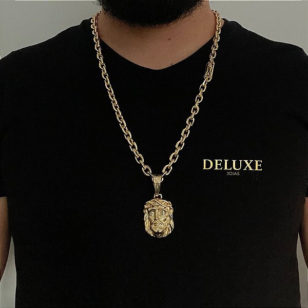 CORRENTE CADEADO( 8mm- 70cm) + PINGENTE ROSTO DE JESUS CRISTO CRAVEJADO EM ZIRCONIA  - BANHADO A OURO 18k