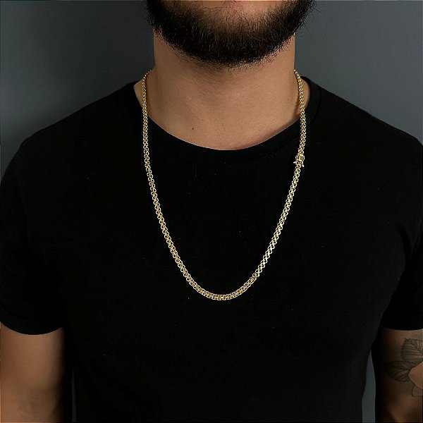 CORRENTE CADEADO DUPLO (5mm- 28G)-70CM TRAVA DUPLA - FECHO COM MARCAÇÃO 750- BANHADO A OURO 18k