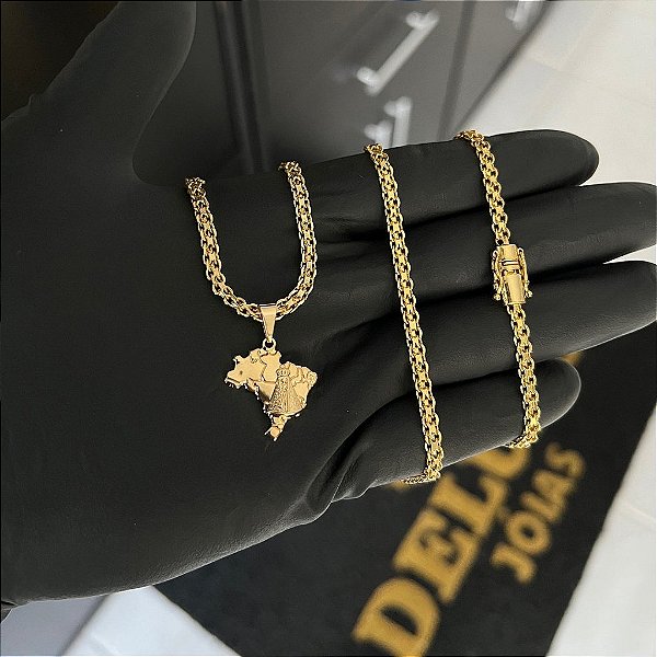 CORRENTE CADEADO DUPLO FECHO GAVETA COM MARCAÇÃO  750 (3mm - 70cm )+ PINGENTE BRASIL NOSSA SENHORA  - BANHADO A OURO 18K