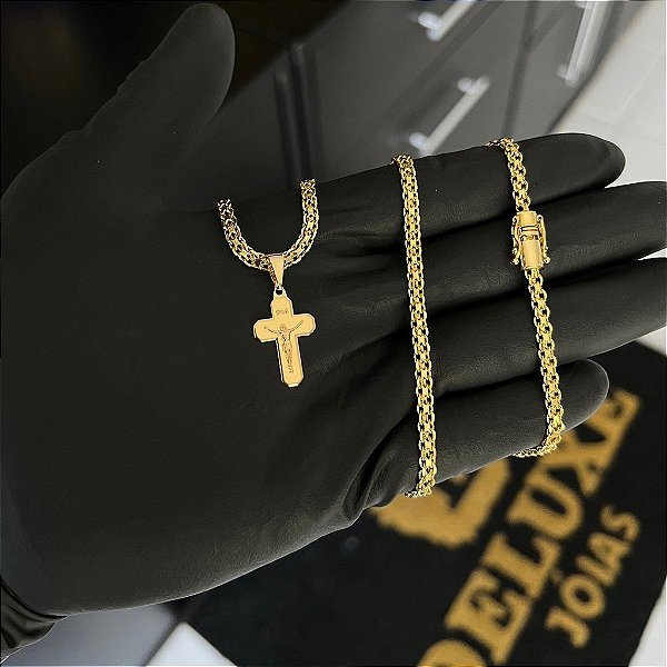 CORRENTE CADEADO DUPLO FECHO GAVETA COM MARCAÇÃO  750 (3mm - 70cm )+ PINGENTE CRUCIFIXO - BANHADO A OURO 18K
