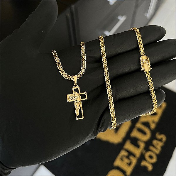 CORRENTE CADEADO DUPLO FECHO GAVETA COM MARCAÇÃO  750 (3mm - 70cm )+ PINGENTE CRUZ COM JESUS VAZADA - BANHADO A OURO 18K