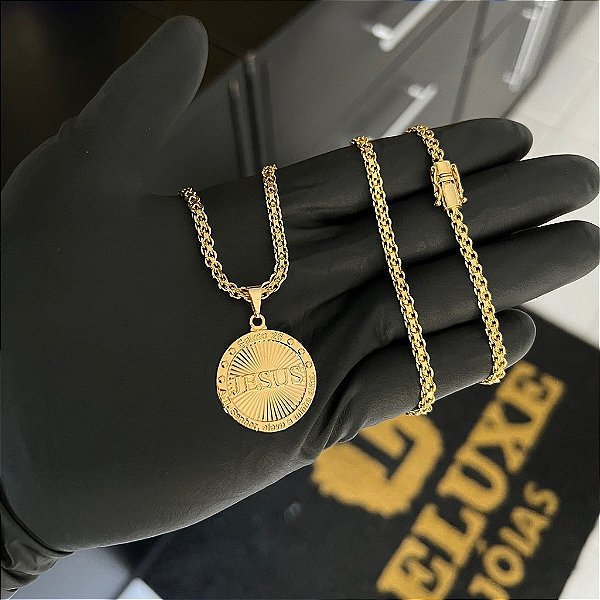 CORRENTE CADEADO DUPLO FECHO GAVETA COM MARCAÇÃO  750 (3mm - 70cm )+ PINGENTE MEDALHA JESUS 3D - BANHADO A OURO 18K