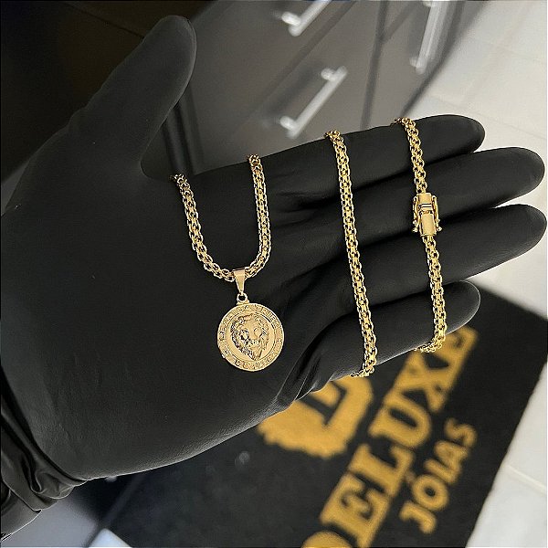 CORRENTE CADEADO DUPLO FECHO GAVETA COM MARCAÇÃO  750 (3mm - 70cm )+ PINGENTE MEDALHA LEÃO DA TRIBO  DE JUDÁ - BANHADO A OURO 18K