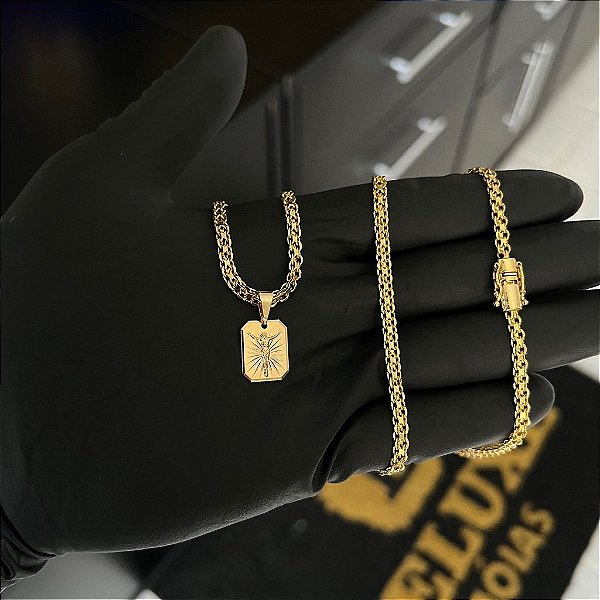 CORRENTE CADEADO DUPLO FECHO GAVETA COM MARCAÇÃO  750 (3mm - 70cm )+ PINGENTE PLACA JESUS CRUCIFICADO - BANHADO A OURO 18K
