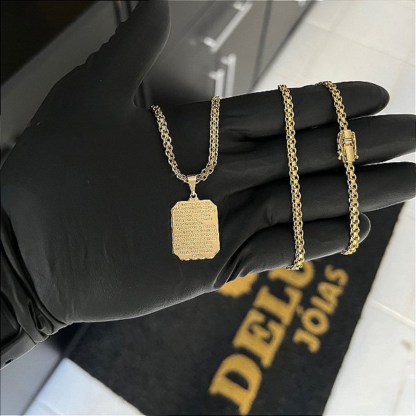 CORRENTE CADEADO DUPLO FECHO GAVETA COM MARCAÇÃO  750 (3mm - 70cm )+ PINGENTE PLACA PAI NOSSO  - BANHADO A OURO 18K