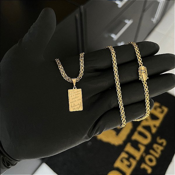 CORRENTE CADEADO DUPLO FECHO GAVETA COM MARCAÇÃO  750 (3mm - 70cm )+ PINGENTE PLACA SALMOS  - BANHADO A OURO 18K