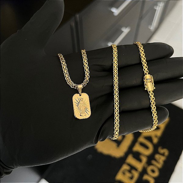CORRENTE CADEADO DUPLO FECHO GAVETA COM MARCAÇÃO  750 (3mm - 70cm )+ PINGENTE PLAQUINHA  NOSSA SENHORA DO CARMO - BANHADO A OURO 18K