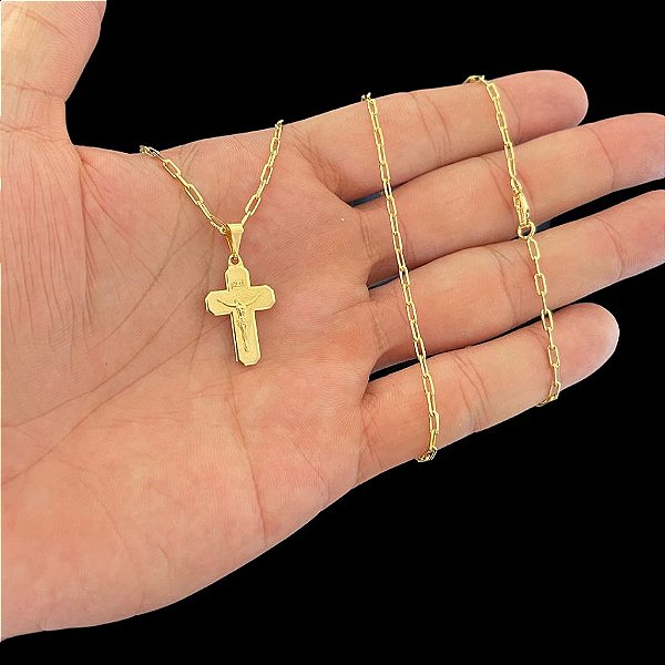 CORRENTE CARTIE (1.5mm- 70/60cm) + PINGENTE CRUCIFIXO - BANHADO A OURO 18K,