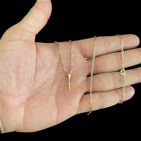 CORRENTE CARTIE (1.5mm- 70/60cm) + PINGENTE CRUCIFIXO  MINI PP  - BANHADO A OURO 18K