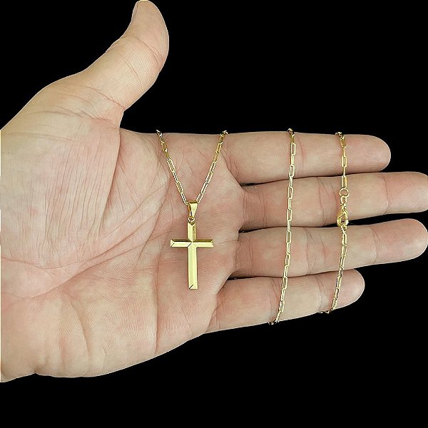 CORRENTE CARTIE  (1.5mm- 70/60cm) + PINGENTE CRUZ DETALHADA    - BANHADO A OURO 18K