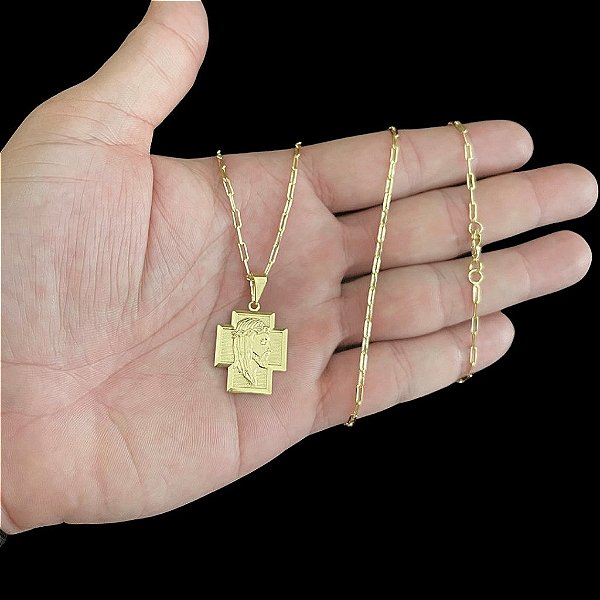 CORRENTE CARTIE (1.5mm- 70/60cm) + PINGENTE CRUZ FACE DE CRISTO    - BANHADO A OURO 18K