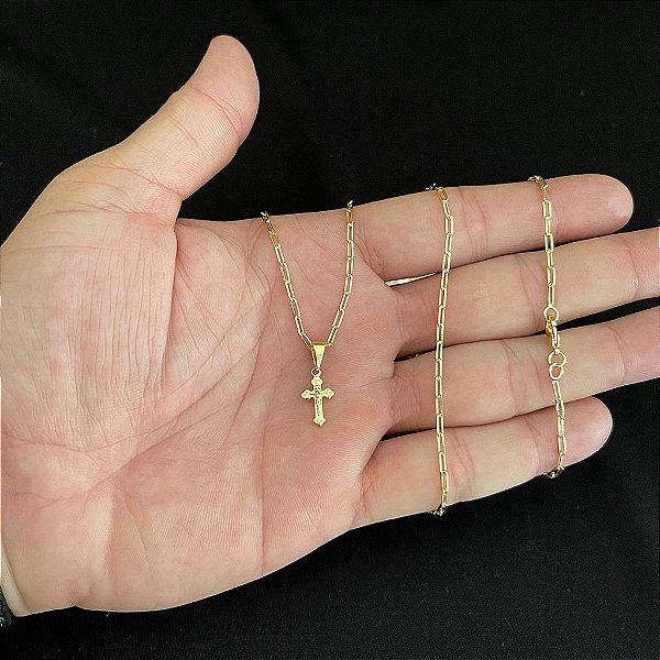 CORRENTE CARTIE (1.5mm- 70/60cm) + PINGENTE CRUZ MINI PP  - BANHADO A OURO 18K