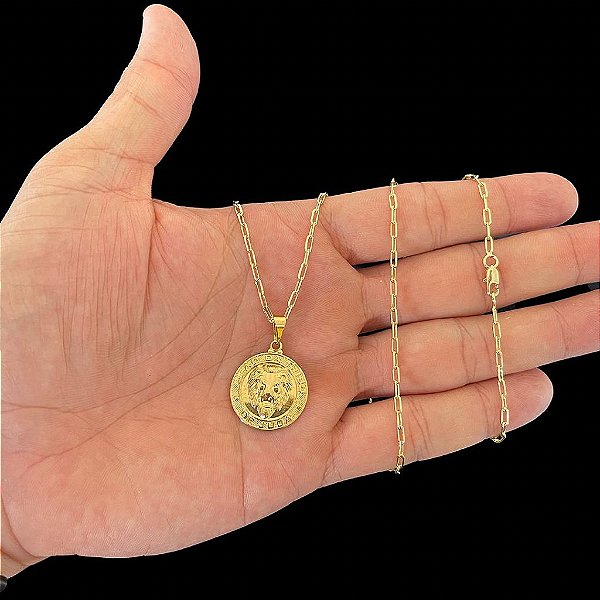 CORRENTE CARTIE (1.5mm- 70/60cm) + PINGENTE LEÃO DE JUDA - BANHADO A OURO 18K