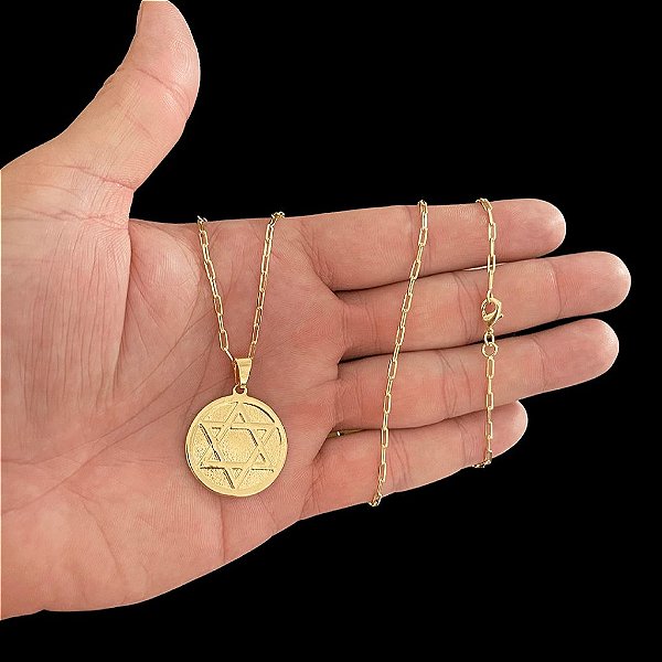 CORRENTE CARTIE (1.5mm-70/60cm) + PINGENTE MEDALHA ESTRELA DE DAVI   - BANHADO A OURO 18K