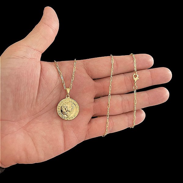 CORRENTE CARTIE (1.5mm- 70/60cm)+ PINGENTE MEDALHA LEÃO DA TRIBO DE JUDÁ     - BANHADO A OURO 18K