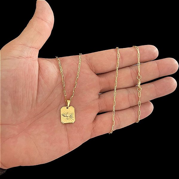 CORRENTE CARTIE (1.5mm- 70/60cm) + PINGENTE PLAQUINHA ESPÍRITO SANTO    - BANHADO A OURO 18K