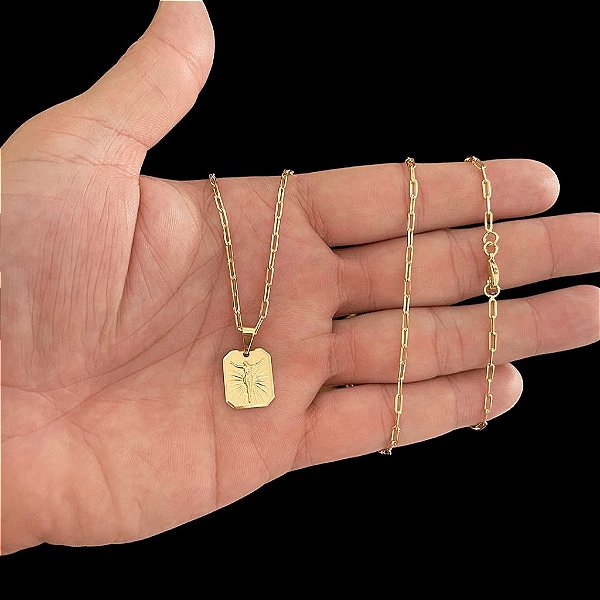 CORRENTE CARTIE (1.5mm- 70/60cm) + PINGENTE PLAQUINHA JESUS CRUCIFIXO     - BANHADO A OURO 18K