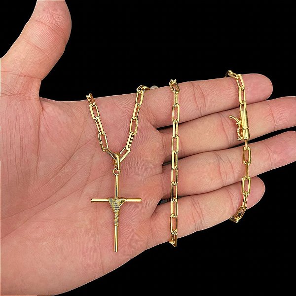 CORRENTE CARTIE (3mm- 70m) + PINGENTE CRUZ AMARRADA - BANHADO A OURO 18K