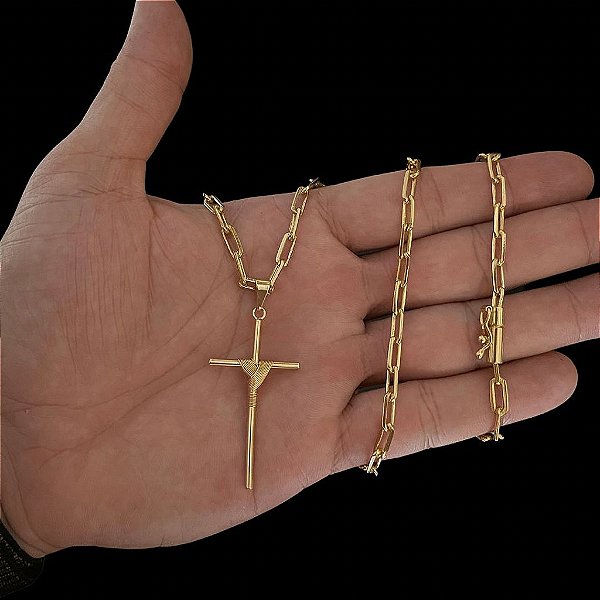 CORRENTE CARTIE ( 4mm- 60cm) + PINGENTE CRUZ AMARRADA - BANHADO A OURO 18K