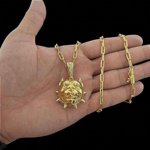 CORRENTE CARTIE ( 4mm- 60Cm) + PINGENTE PITBULL 5D - BANHADO A OURO 18K