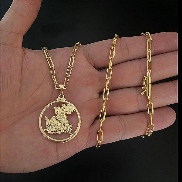 CORRENTE CARTIE  (4mm -60cm) + PINGENTE SÃO JORGE VAZADO - BANHADO A OURO 18K