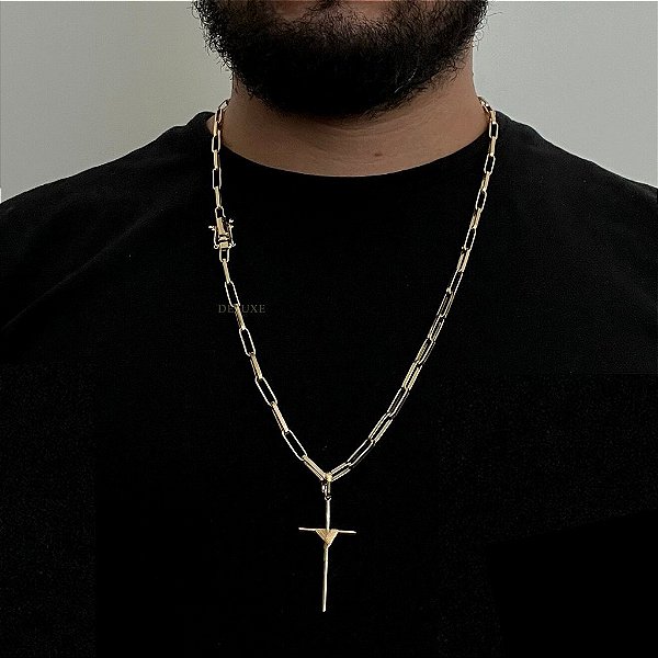 CORRENTE TIJOLINHO ALONGADO( 5mm -70Cm) + PINGENTE CRUZ AMARRADA  M - BANHADO A OURO 18K