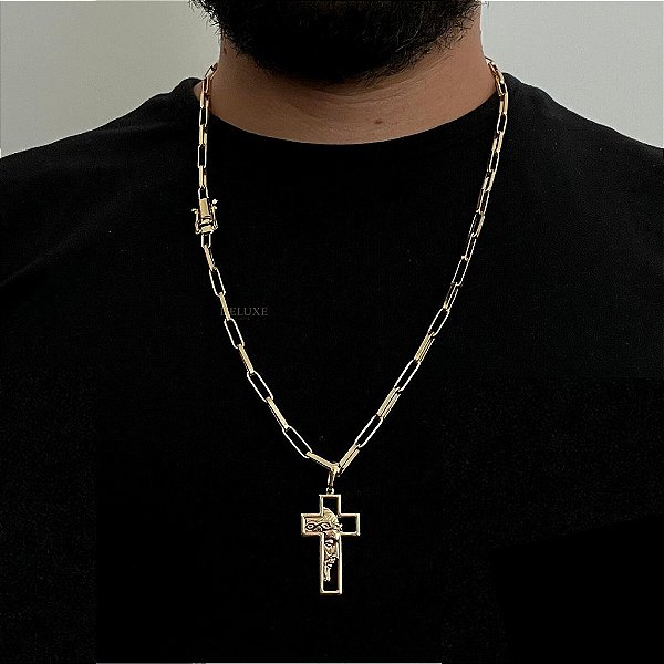 CORRENTE TIJOLINHO  ALONGADO(5mm- 70Cm) + PINGENTE CRUZ JESUS VAZADA  M - BANHADO A OURO 18K