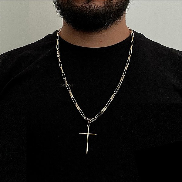 CORRENTE TIJOLINHO  ALONGADO (5mm- 70Cm) + PINGENTE CRUZ PALITO M - BANHADO A OURO 18K