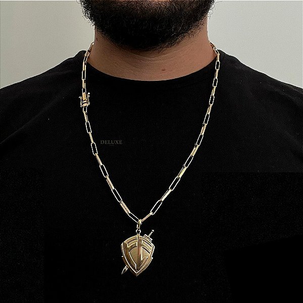 CORRENTE TIJOLINHO  ALONGADO( 5mm- 70Cm) + PINGENTE  ESCUDO DA FÉ  M - BANHADO A OURO 18K