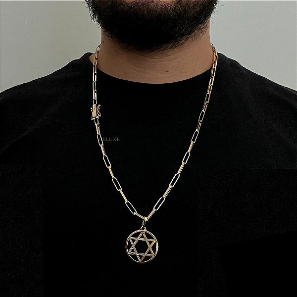 CORRENTE TIJOLINHO ALONGADO( 5mm- 70Cm) + PINGENTE ESTRELA DE DAVI    M - BANHADO A OURO 18K