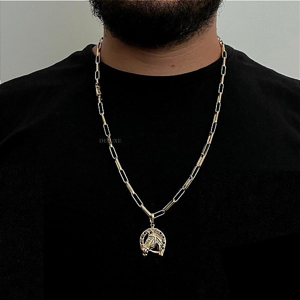 CORRENTE TIJOLINHO ALONGADO( 5mm- 70Cm) + PINGENTE FERRADURA DE CAVALO  M - BANHADO A OURO 18K