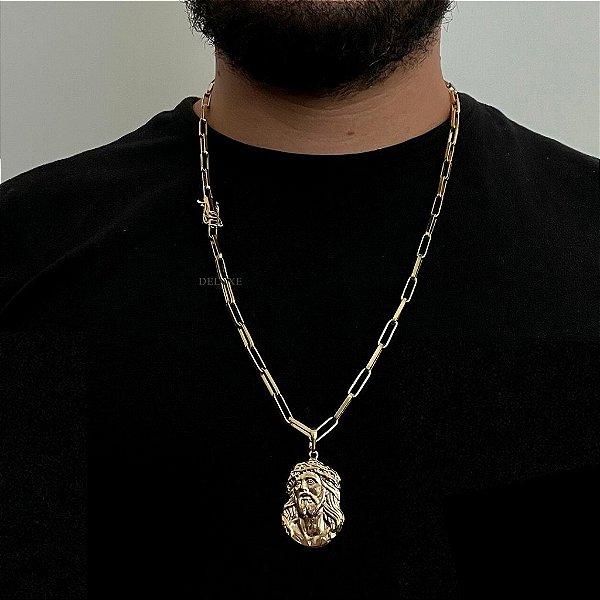CORRENTE TIJOLINHO ALONGADO( 5mm- 70Cm) + PINGENTE JESUS CRISTO DETALHADO   M - FECHO COM MARCAÇÃO 750 - BANHADO A OURO 18K