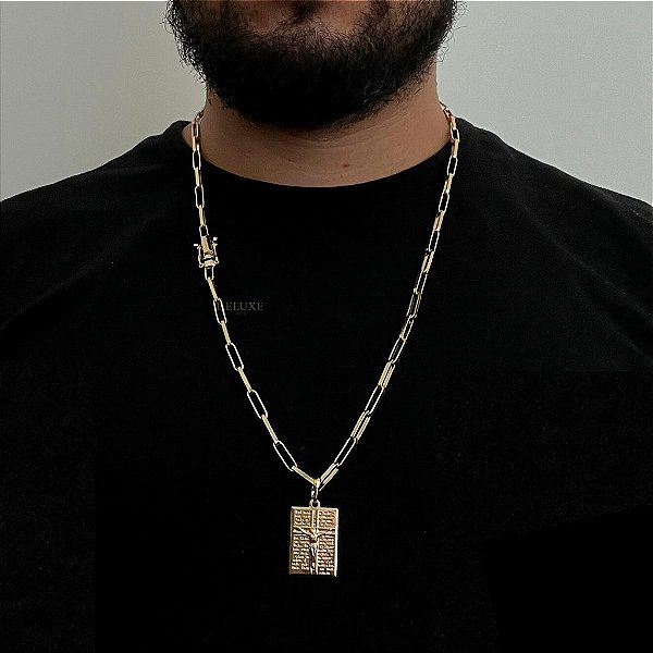 CORRENTE TIJOLINHO ALONGADO(5mm- 70Cm) + PINGENTE PLACA COM ORAÇÃ0 - BANHADO A OURO 18K