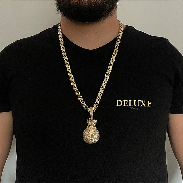 CORRENTE FRISO S( 8mm- 70Cm) + PINGENTE MALOTE G - FECHO COM MARCAÇÃO 750 - BANHADO A OURO 18K