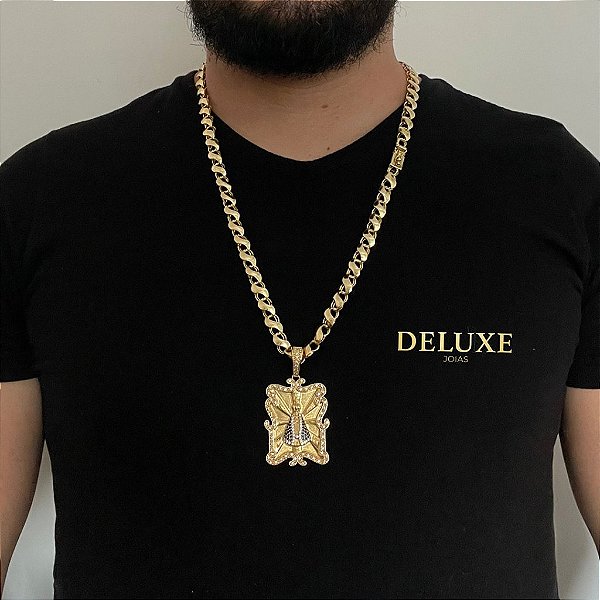 CORRENTE FRISO S (8mm -70Cm )+ PINGENTE PLACA NOSSA SENHORA CRAVEJADA EM ZIRCONIA  G - BANHADO A OURO 18K