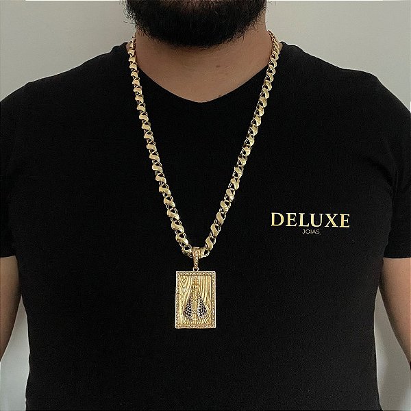CORRENTE FRISO S( 8mm- 70Cm) + PINGENTE PLACA NOSSA SENHORA CRAVEJADA EM ZIRCÔNIA PREMIUM G - BANHADO A OURO 18K
