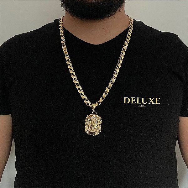 CORRENTE FRISO S( 8mm- 70Cm) + PINGENTE ROSTO DE CRISTO  G -  FECHO COM MARCAÇÃO 750 - BANHADO A OURO 18K