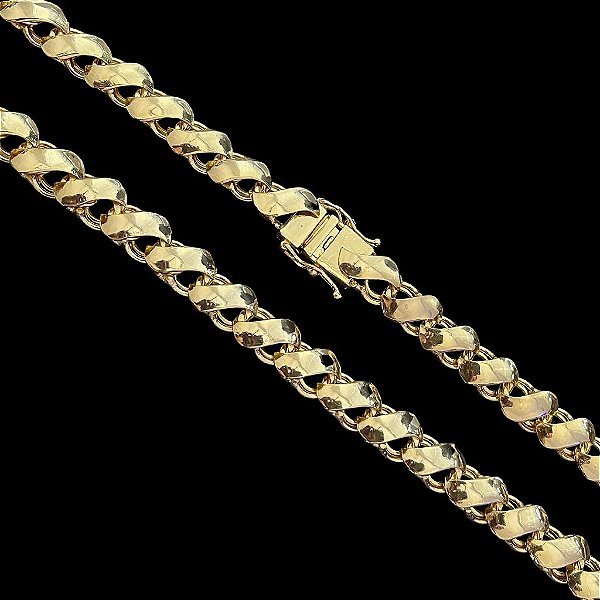 CORRENTE FRISO S DUPLA FACE (13mm -128G- 70cm) FECHO COM MARCAÇÃO 750 - BANHADO A OURO 18K