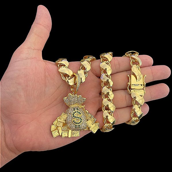 CORRENTE FRISO S DUPLA FACE( 13mm- 70cm) + PINGENTE MALOTE DE DINHEIRO - FECHO COM MARCAÇÃO 750 - BANHADO A OURO 18K